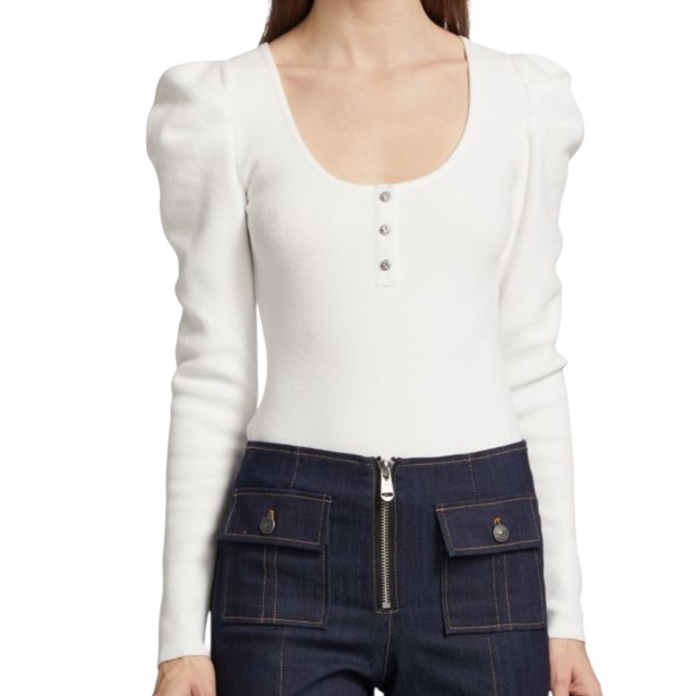 Cinq à Sept Jordan Puff Sleeve Henley White Ribbed Crop Button-Detail Top